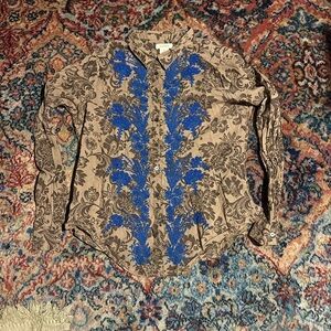 Beaded and embroidered cotton button down shirt